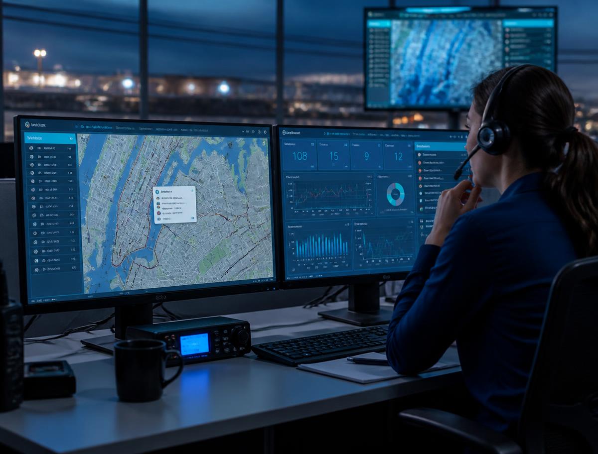 Central de monitoramento acompanhando o rastreamento das cargas em tempo real